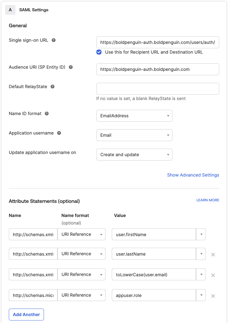 Configure SAML screen
