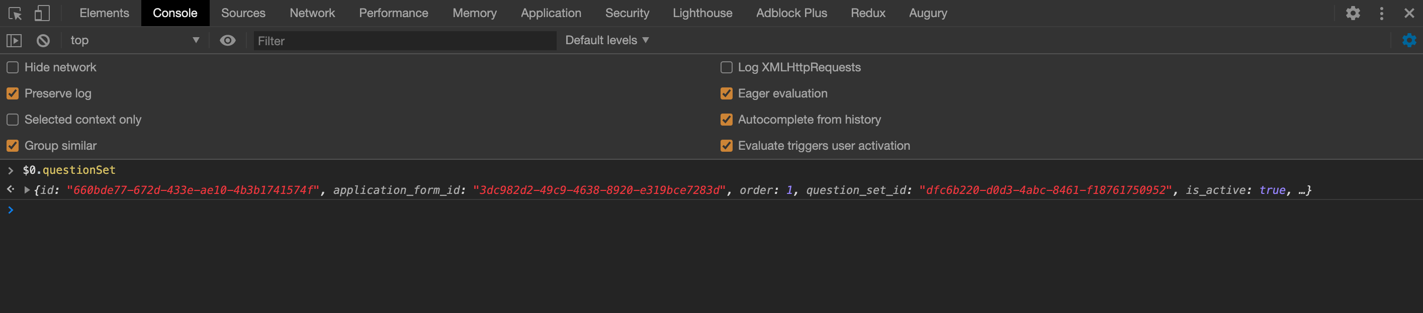 Chrome DevTools Console Panel inspecting the $0 variable