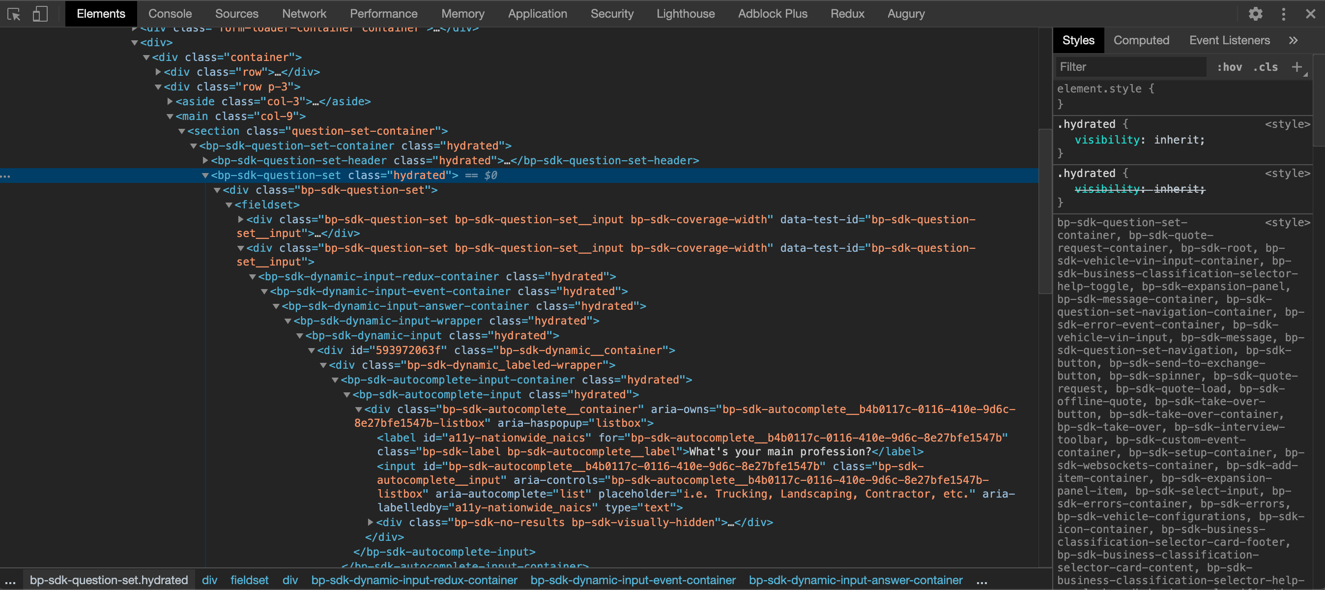 Chrome DevTools Elements Panel inspecting an Bold Penguin SDK element