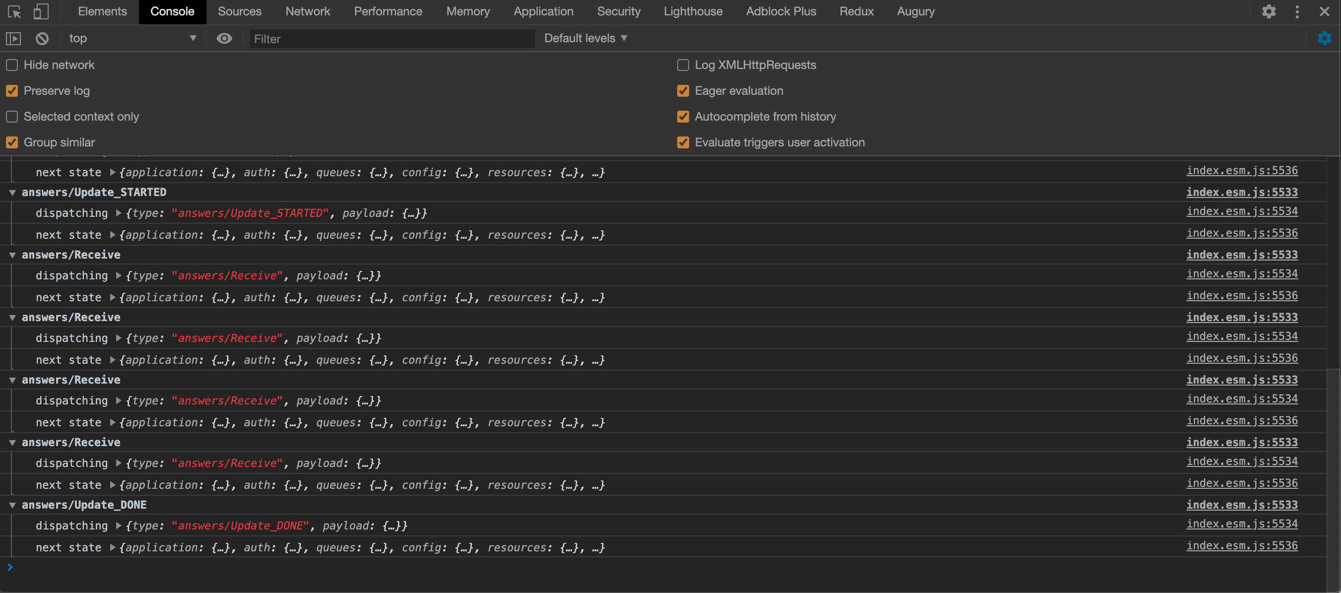 Developer console showing redux actions being dispatched